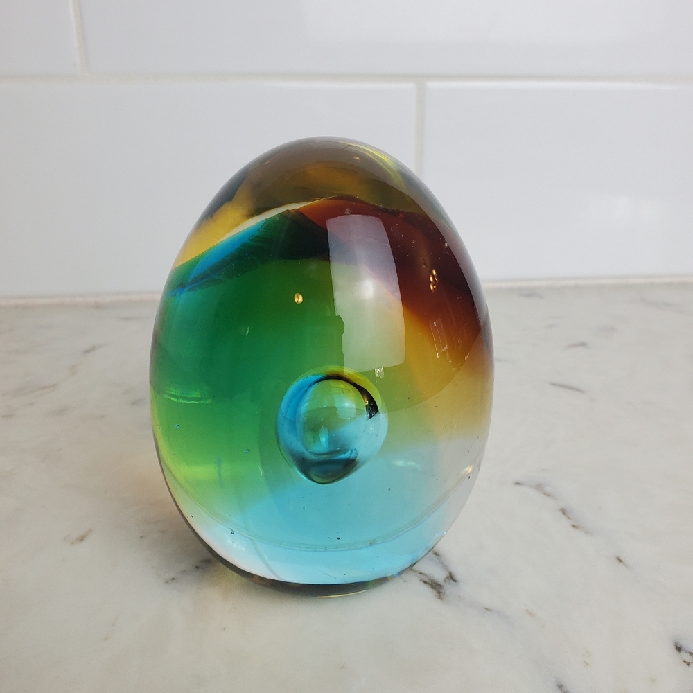 ART GLASS PAPERWEIGHT EGG SHAPE BLUE WITH GOLD Murano